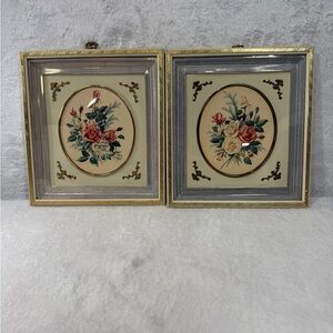 2 Vintage Framed Art Floral Dogwoods Oval Victorian Trim Mat Shadowbox Pink Gold